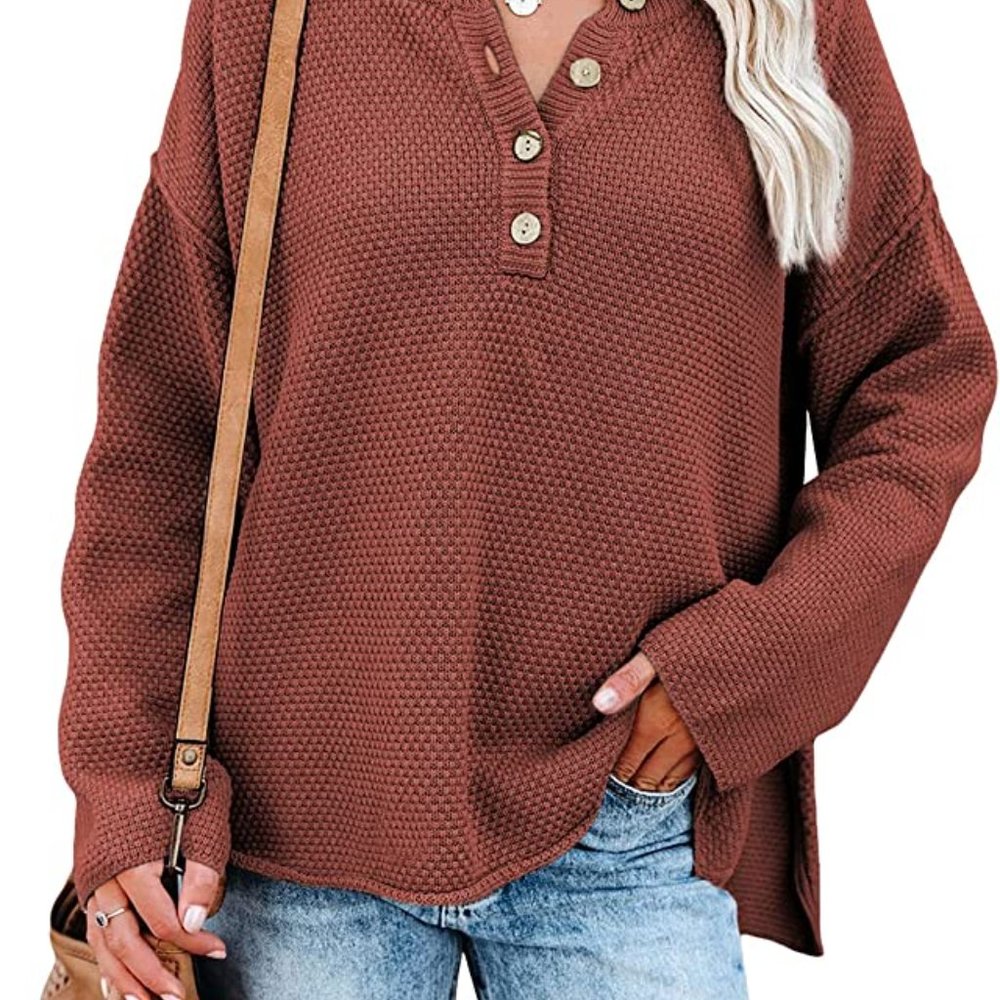 Oversized Waffle Knit Sweater Button Neck L Red Chunky Fall Women Large
